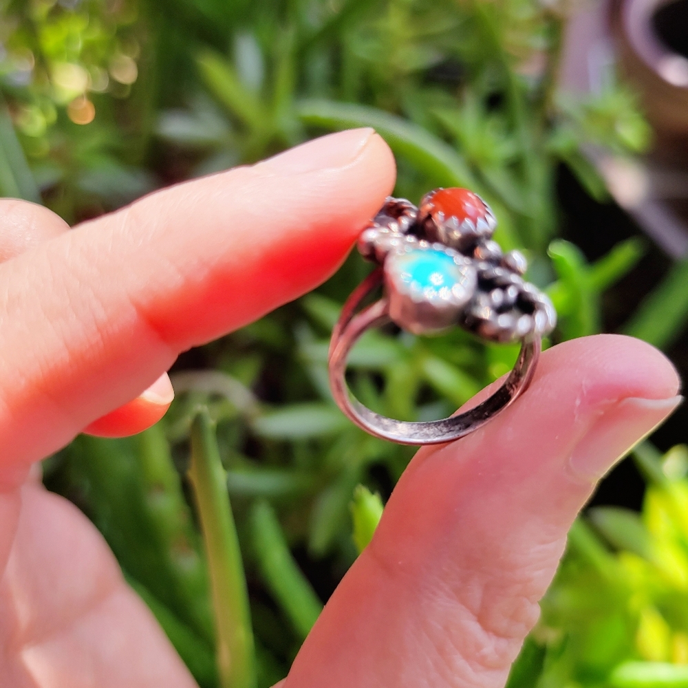 Vintage 925 Sterling Silver Genuine Turquoise Coral Native Ring, sz 4.75 - Picture 7 of 7